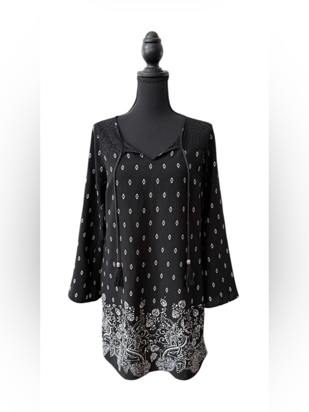 BeBop Black Tunic Top with White Border Print